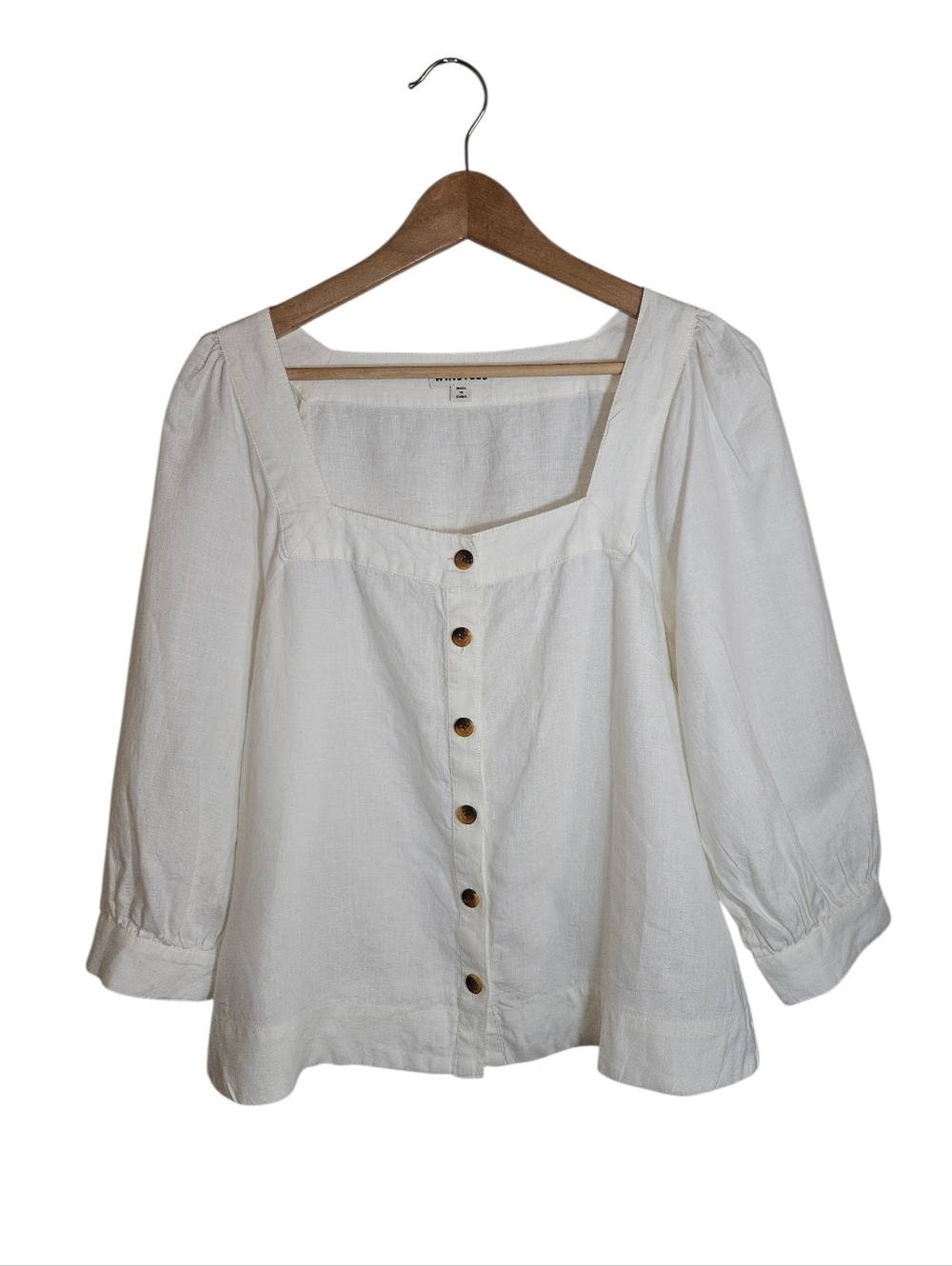 Whistles Ivory Linen Square-Neck Bohemian Peasant Style Button-down Top Size S